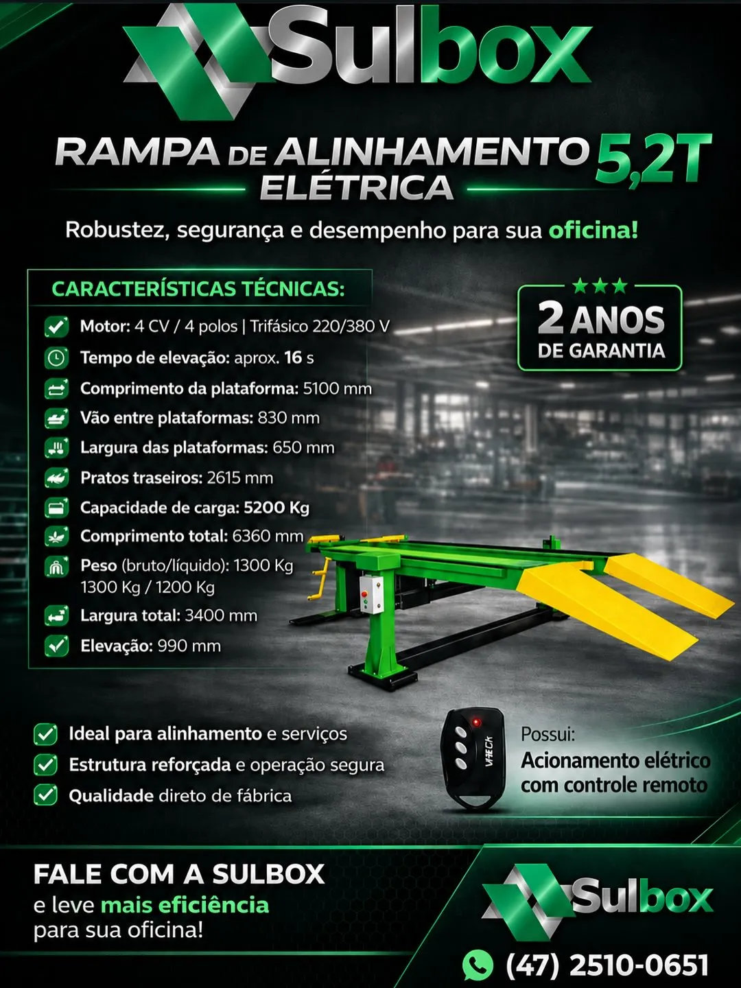 🚗⚙️ Mais eficiência, segurança e desempenho para sua oficina! A Rampa de Alinhamento Elétrica Sulbox 4,2T foi desenvolvida para oferecer …